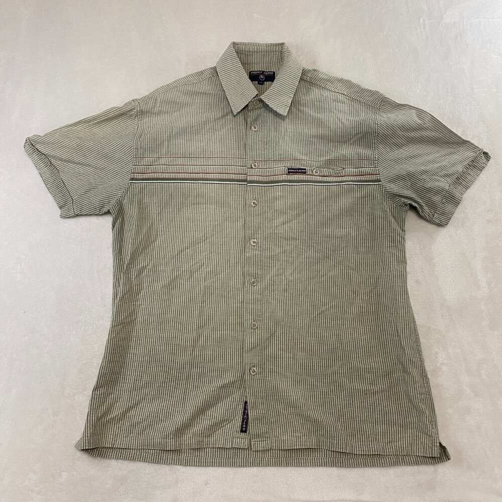 Point Zero Men's Button Up Short Sleeve Shirt Orange Green Size Large Tropical